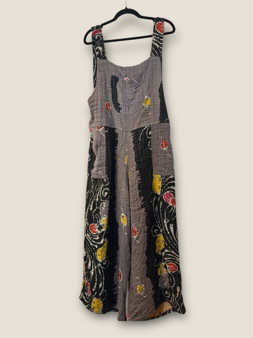 Boho Patchwork Maxi Dress in Gray with Floral Accents